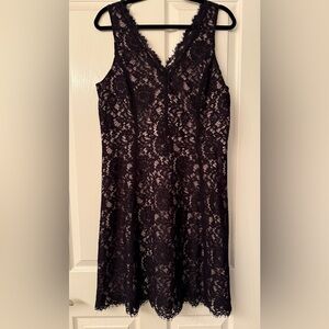 Loft sleeveless v-neck black lace dress over nude slip